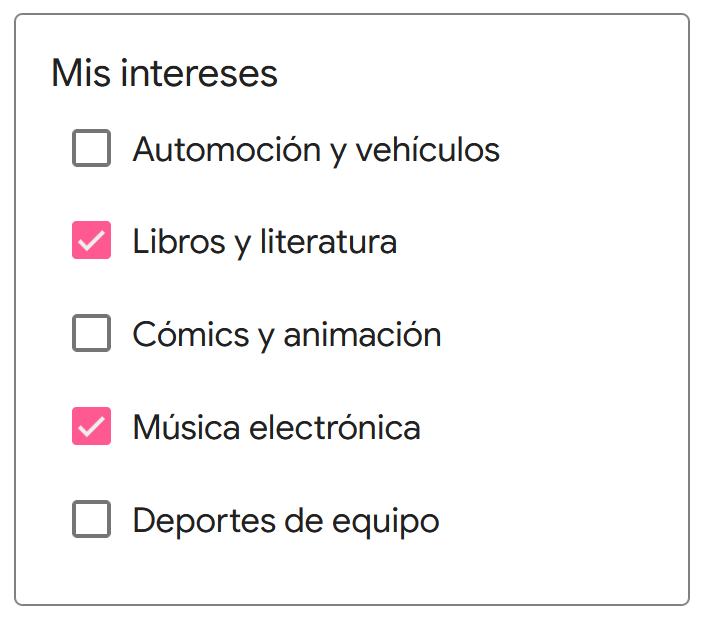 Ejemplo de selección de intereses